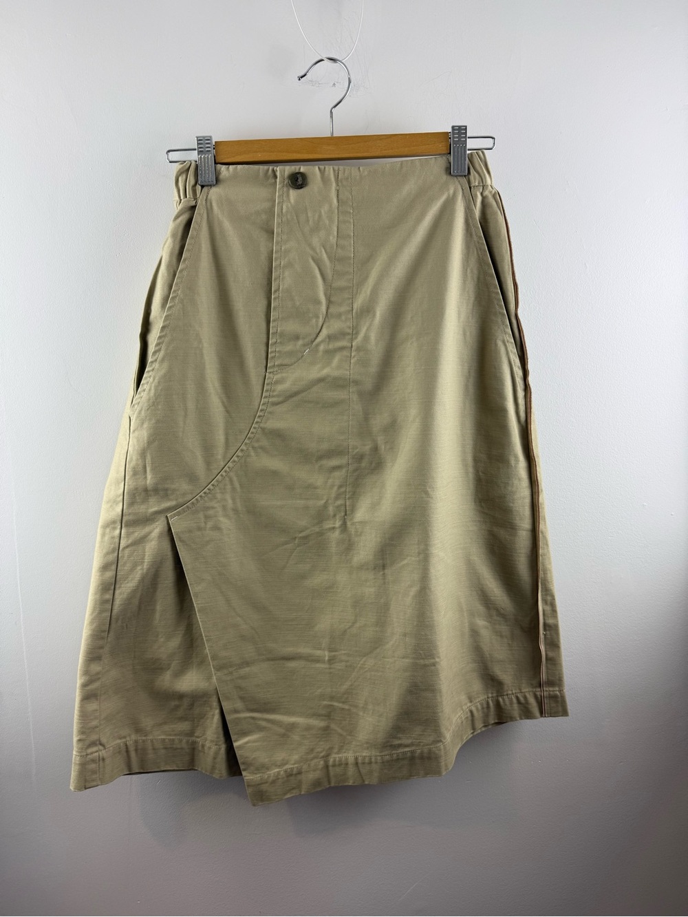 ⁠& by Tan & Luciana Asymmetrical Wrap Midi Skirt Japanese Cotton Linen Khaki F⁠